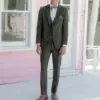 OD Green Metro Suit with Matching Vest and Floral Fusion Banded Hand-Knot Bow Tie