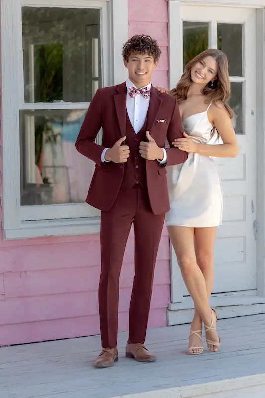 Burgundy Metro Suit with Matching Vest and Floral Fusion Banded Hand-Knot Bow Tie