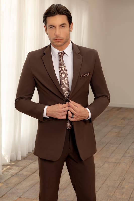 Chocolate Metro Suit with Matching Floral Fusion Self-Tie Long Tie