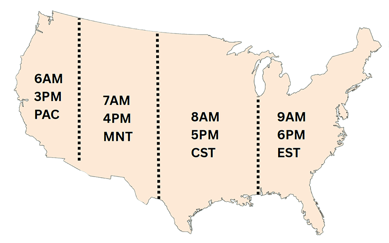 US time zones map showing corresponding times
