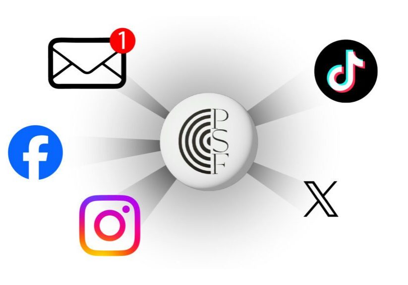 Central logo linking email and social media icons