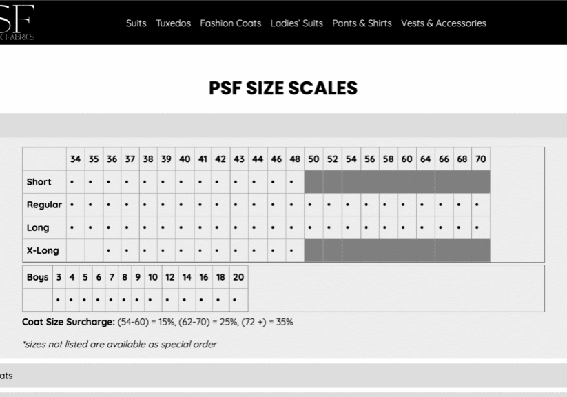 PSF suit size chart
